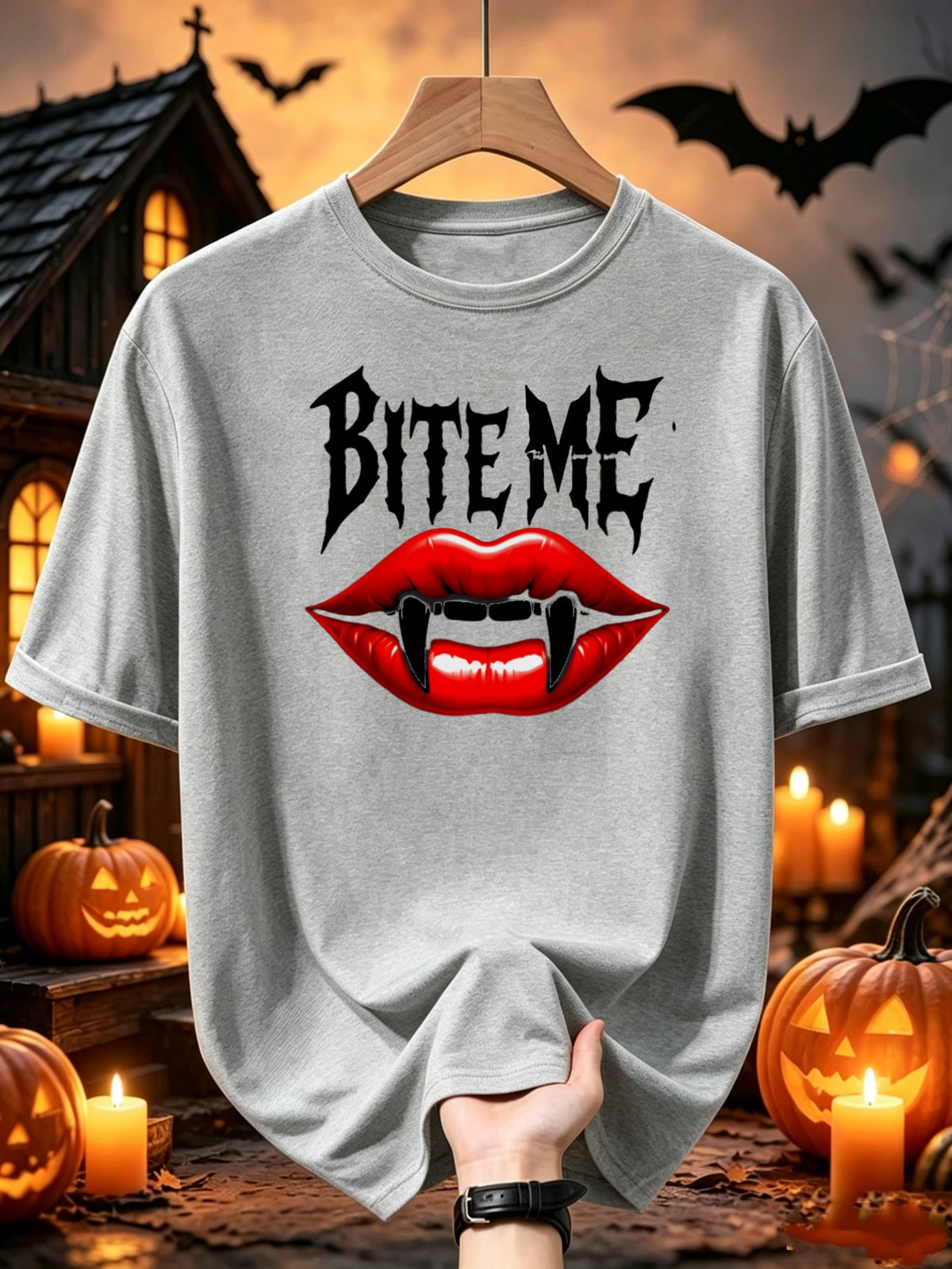 California Republic unisex'S Men'S Style Tshirt Gothic BITE ME Vampire Lips Bat Print Unisex Casual Round Neck for Halloween Costumes Christmas Gifts Year Top for Daily Activities Crew Neck Dr retro casual round neck printed T-shirt unisex