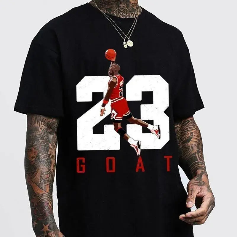Men's Number 23 Jumpman Tribute Shortsleeve Round Neck T-Shirt - Clean Retro Basketball Top, Iconic Dunk Pose, Bold Typography for Hoopers, Cotton Streetwear Tee
