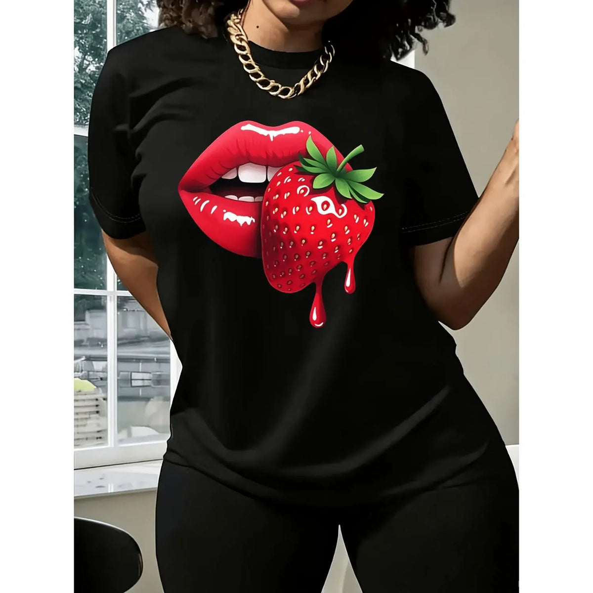 Women S Casual T Shirt Featuring Strawberry Lip Print Comfortable Fit Short Sleeve Machine Washable Ideal for Spring Summer and Fall Perfect Gift for Sisters