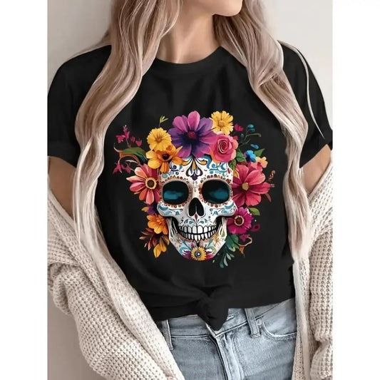 Women's Short-Sleeve Dia de los Muertos T-Shirt - Black Breathable Fabric, Colorful Sugar Skull Print, Soft Crew Neck, Slim Fit Casual Summer Top - Machine Washable, Non-See Through for Halloween, Casual Attire