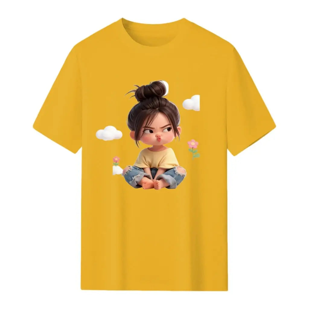 Women's Premium Cotton Cartoon Girl & Clouds Graphic T-Shirt - Short Sleeves, Crew Neck, Fitted, Elastic, Comfortable, Blush Pink Aesthetic, Casual Girly Tops, Valentine's Day Colorful Style All Seasons Beach Tee Sohochic, Valentines Day, Cartoon Style