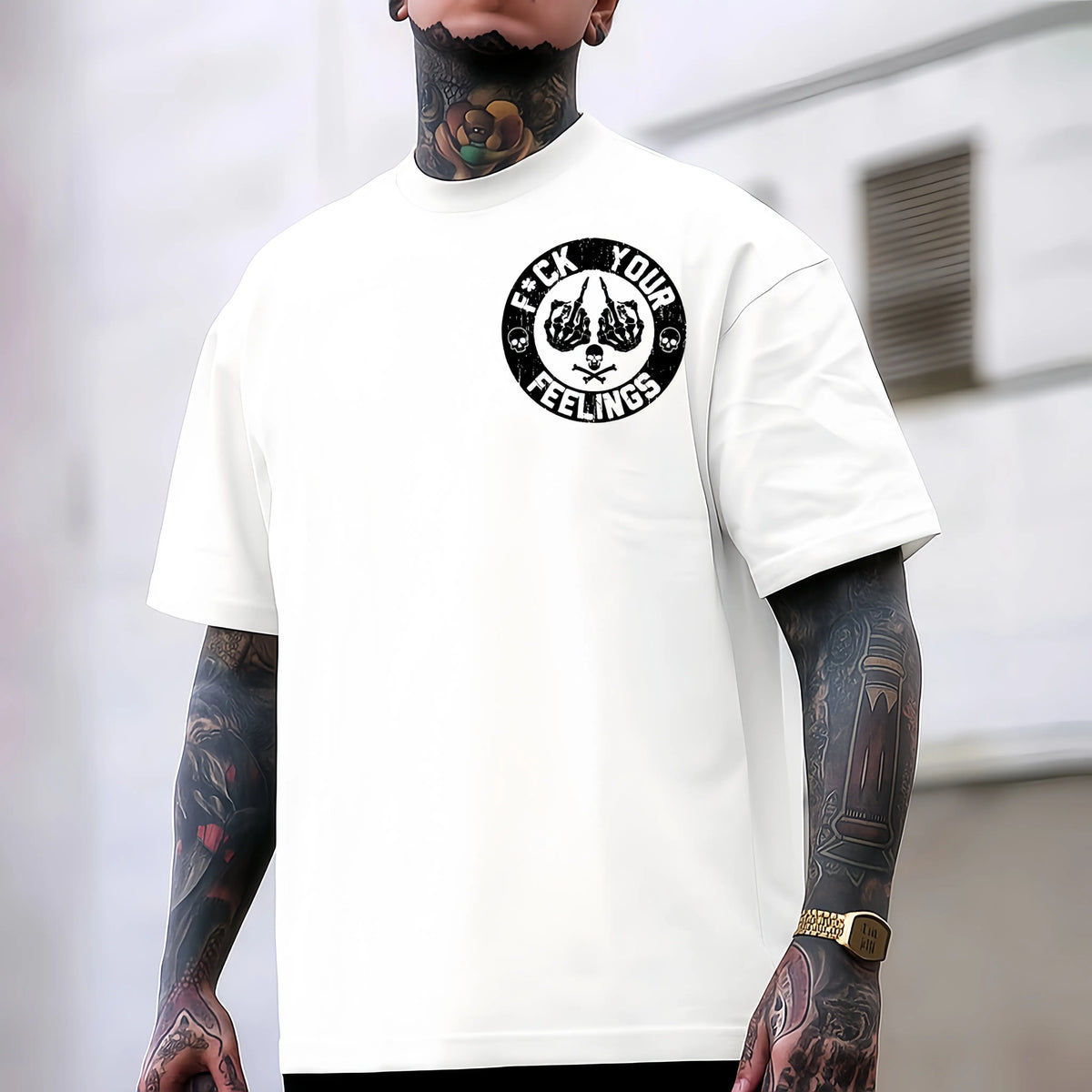 Men's "F*ck Your Feelings" Skull Graphic T-Shirt, Short-Sleeve Round Neck Loose Menswear, Bold Statement Limited Edition Fashion Streetwear Casual Angel Tee tiktokshopspringglowup,summervibes Cotton Tops Black Crewneck Tropical