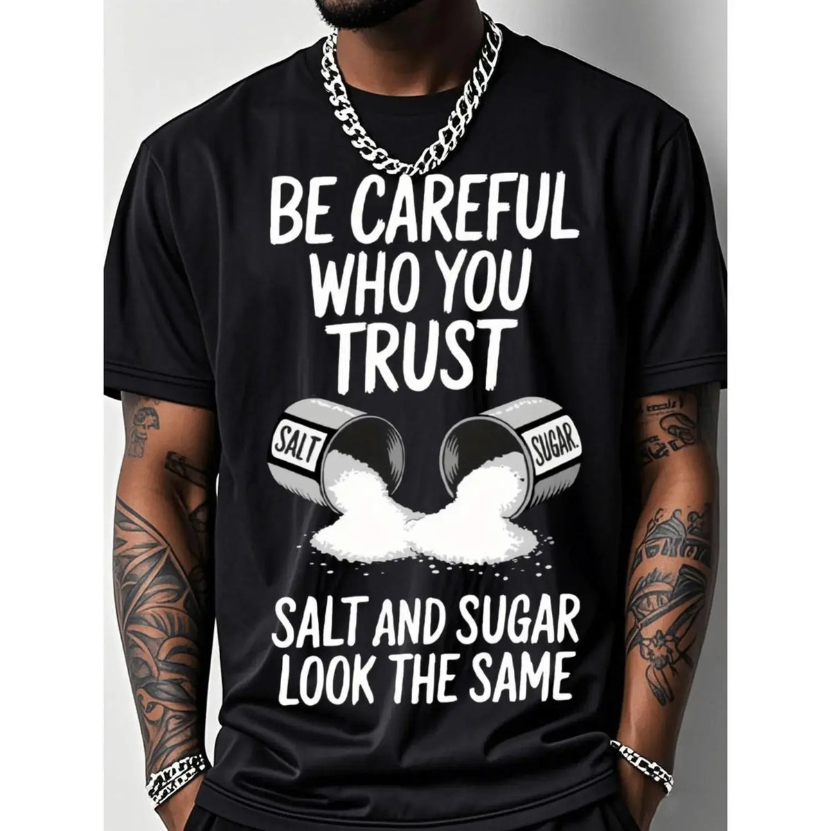 Men's Outdoor Fitness T-Shirt - 200g Cotton Breathable Stretch Apparel, Short-Sleeve Round Neck Menswear, Salt Graphic Print "Be Careful Who You Trust" Slogan Casual Top