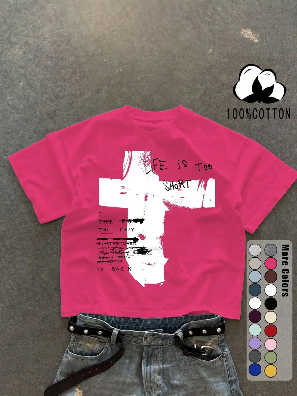 Unisex 100% Cotton Short Sleeve Round Neck T-Shirt, Cross Graffiti Print, Y2K Dark Gothic Street Style, Streetwear, Casual Daily Wear, Loose-Fitting, Long Length, Aesthetic
