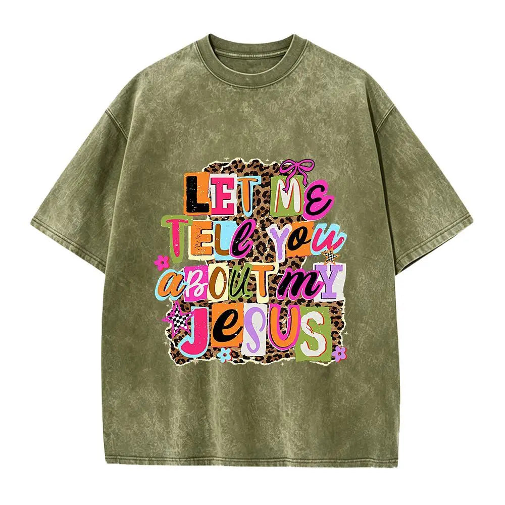 Let Me Tell You About My Jesus" T-shirt, Christian-style leopard print, faith quote T-shirt design, religious Easter shirt. Fit Womenswear Top Knit,sohochic