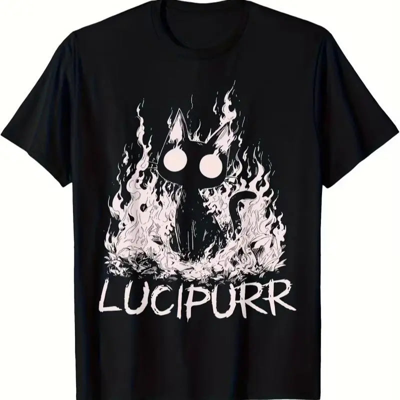 Plus Size Retro T-Shirt - 'Lucipurr Cat with Flames' Design, Soft And Breathable Material, Casual Crewneck Short Sleeve Top for Outdoor, Travel & Gym - Machine Washable Summer, Comfortable Graphic Print Shirt