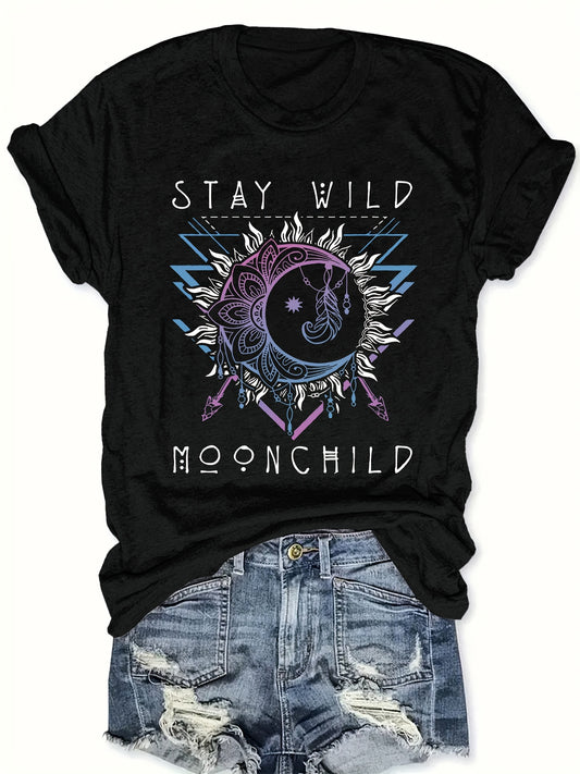 1pc Women'S Moonchild Graphic Tee, Polyester Crew Neck T-Shirt with Stay Wild Letter Print, Casual Knit Fabric Short Sleeve Top for Spring/Summer