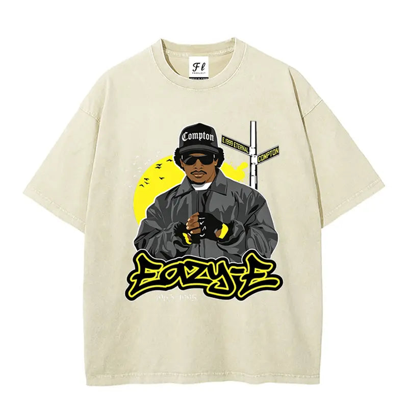 Vintage 90s West Coast rap graphic T-shirt; N.W.A West Coast gangsta rap and Eazy-E West Coast legend-themed T-shirt; washed fabric.
