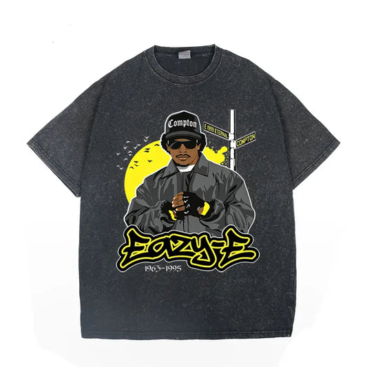 Vintage 90s West Coast rap graphic T-shirt; N.W.A West Coast gangsta rap and Eazy-E West Coast legend-themed T-shirt; washed fabric.