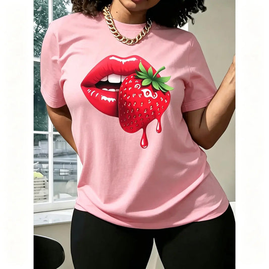 Women S Casual T Shirt Featuring Strawberry Lip Print Comfortable Fit Short Sleeve Machine Washable Ideal for Spring Summer and Fall Perfect Gift for Sisters