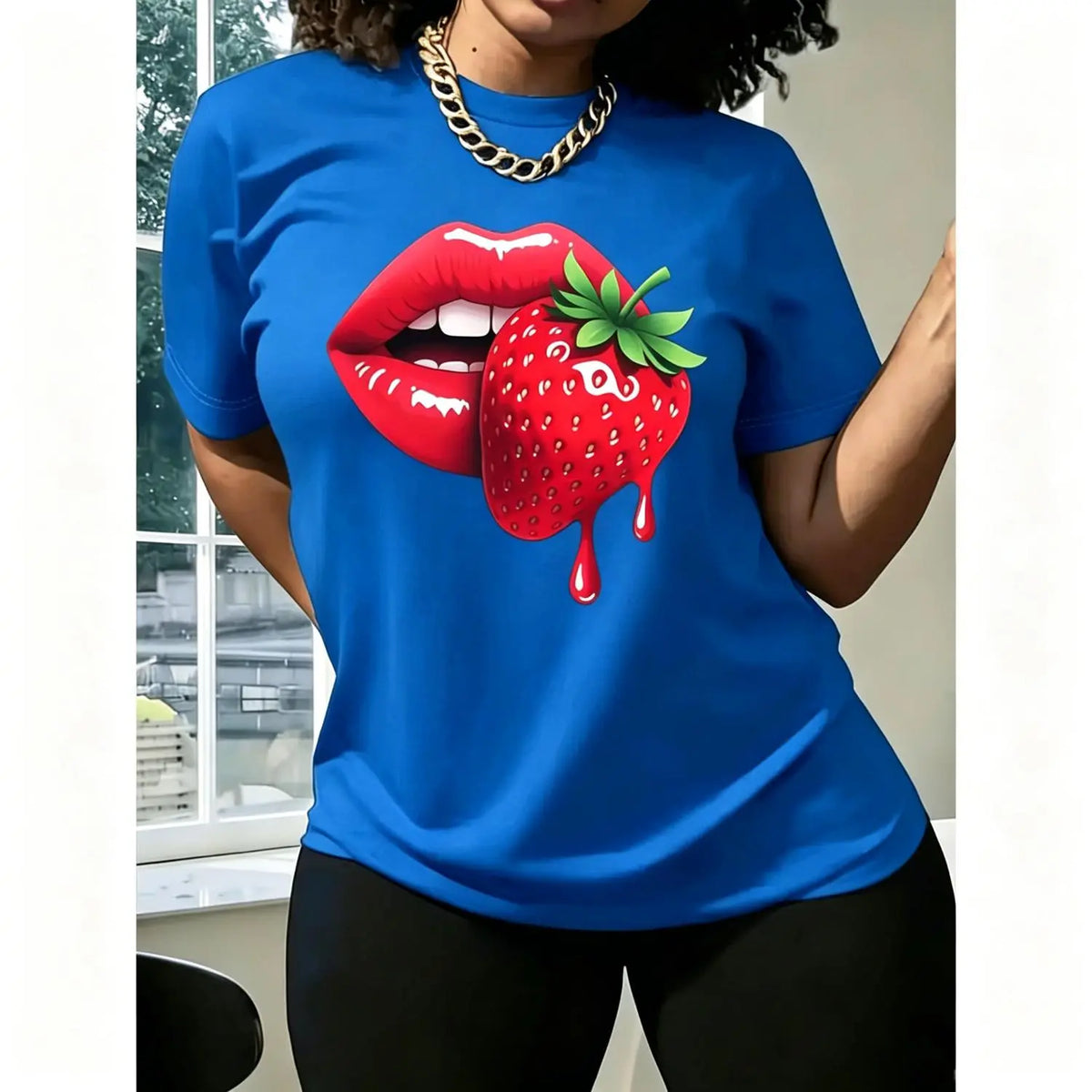 Women S Casual T Shirt Featuring Strawberry Lip Print Comfortable Fit Short Sleeve Machine Washable Ideal for Spring Summer and Fall Perfect Gift for Sisters