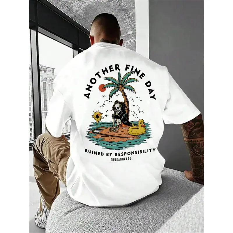 Men's Regular Fit Casual Short Sleeve Round Neck Tee - Skull & Beach Print Tropical Streetwear Summer Top for Daily Wear