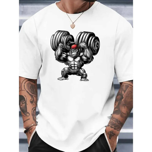 Men's 100% Cotton Fitted Tshirt - Menswear Top, Quick-Dry, Breathable, Medium Stretch, Tailored, Lightweight, Moisture-Wicking, Barbell Pattern, for Bodybuilding & Casual Use, Machine Washable Summer Basic Fabric Apparel (White/Black)