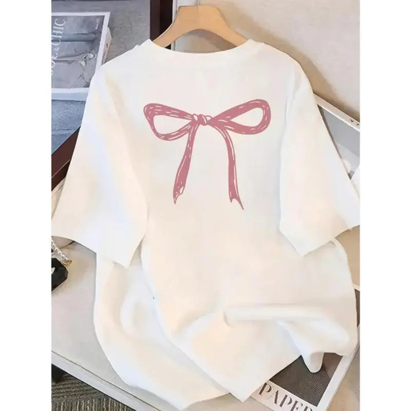 Women's Casual Round Neck Short Sleeve T-Shirt - Cute Pink Bow Print, Loose Fit, Lightweight, Fitted, Comfortable Apparel Top for Halloween, Summer (Black)
