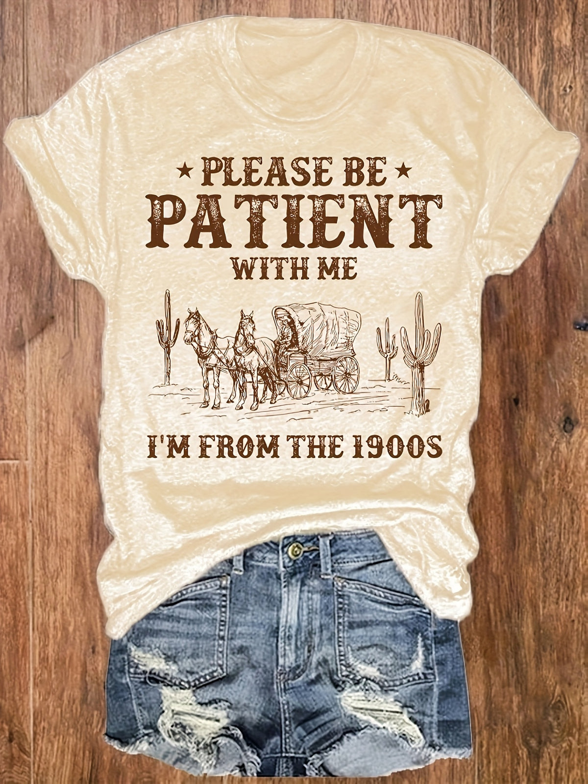 Western Style Letter Printed Round Neck T-Shirt, Casual Vacation Women'S Short Sleeve Top, Women'S Clothing