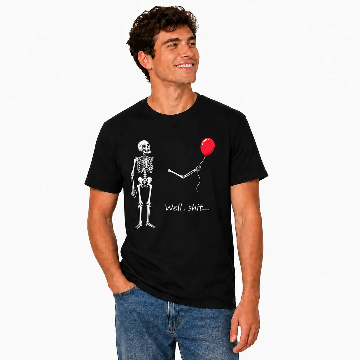Funny Skeleton Balloon Shirt, Dark Humor Graphic Tee, Halloween Style Black Short Sleeve Cotton Blend Top, Skeleton Gift Shirt