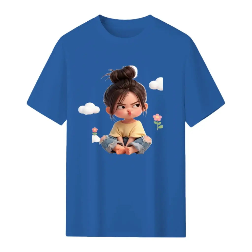 Women's Premium Cotton Cartoon Girl & Clouds Graphic T-Shirt - Short Sleeves, Crew Neck, Fitted, Elastic, Comfortable, Blush Pink Aesthetic, Casual Girly Tops, Valentine's Day Colorful Style All Seasons Beach Tee Sohochic, Valentines Day, Cartoon Style