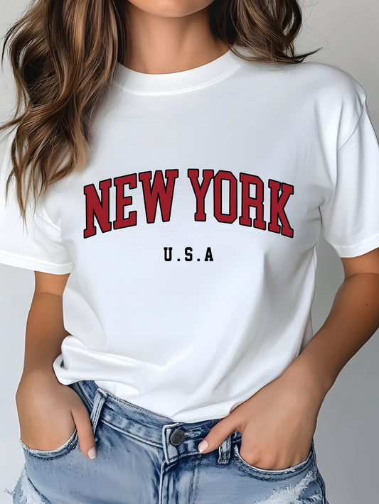 New York Graphic Print TShirt For Women Casual Short Sleeve Tee 1 Pcs 100% Heavy Cotton Comfortable Crew Neck, Soft Adorable Tees Tops LA