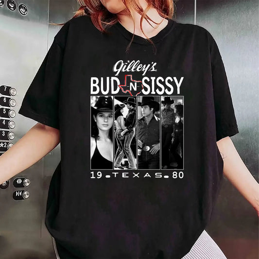 Bud And Sissy Gilley's Texas T-Shirt, Urban Cowboy Movie Vintage Graphic Tee, Full Color Full Size Unisex Casual Top, Fan Gift For Men Women
