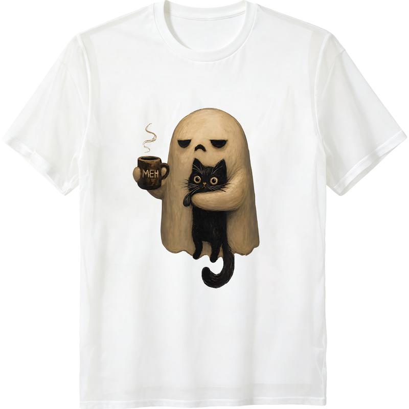 Halloween T-shirts, ChristmasSpooky Ghost Holding Black Cat Coffee Lover Funny Halloween