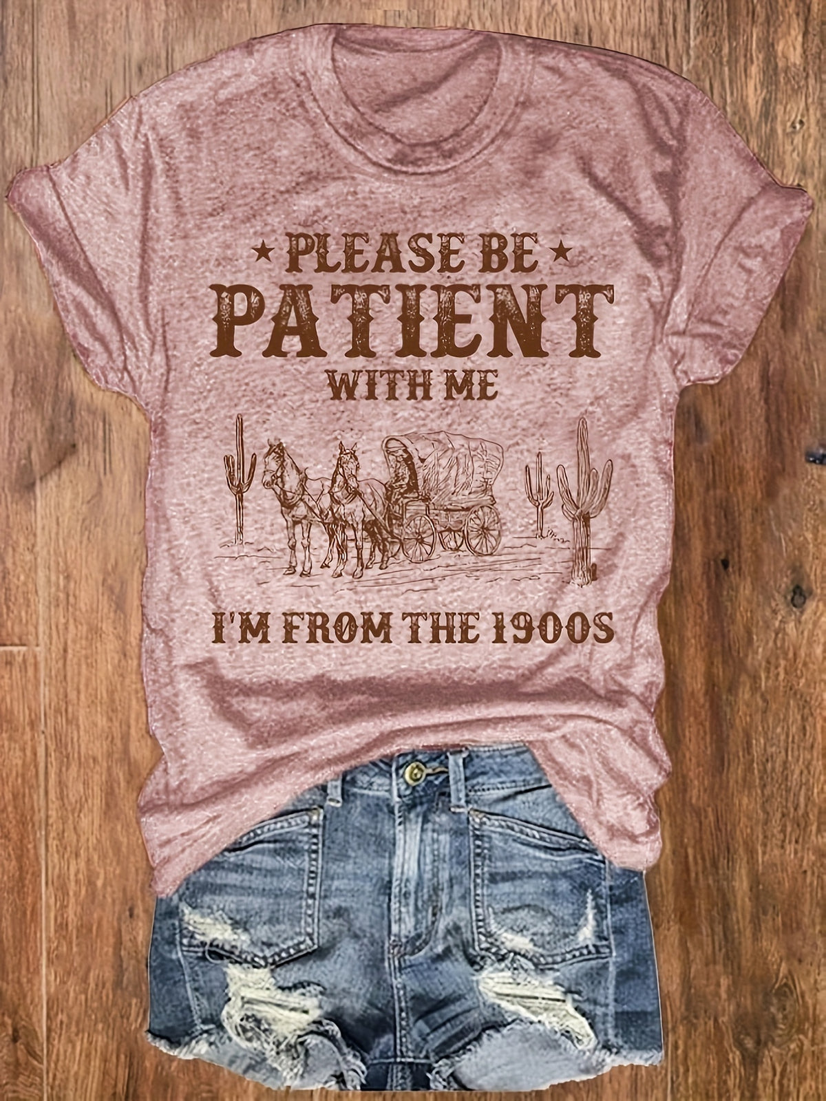 Western Style Letter Printed Round Neck T-Shirt, Casual Vacation Women'S Short Sleeve Top, Women'S Clothing