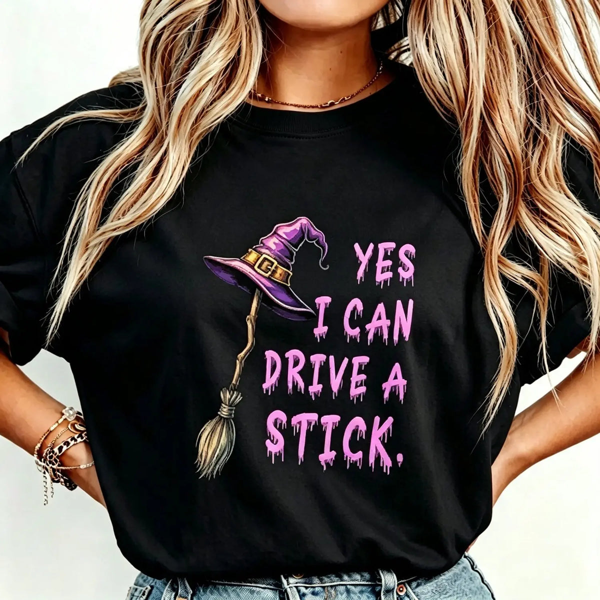 Women's Short-Sleeve Graphic Tee - Cotton Feel, Funny Quote "Yes I Can Drive A Stick", Witch Hat Halloween Print, Casual Stylish Summer Women's Tops