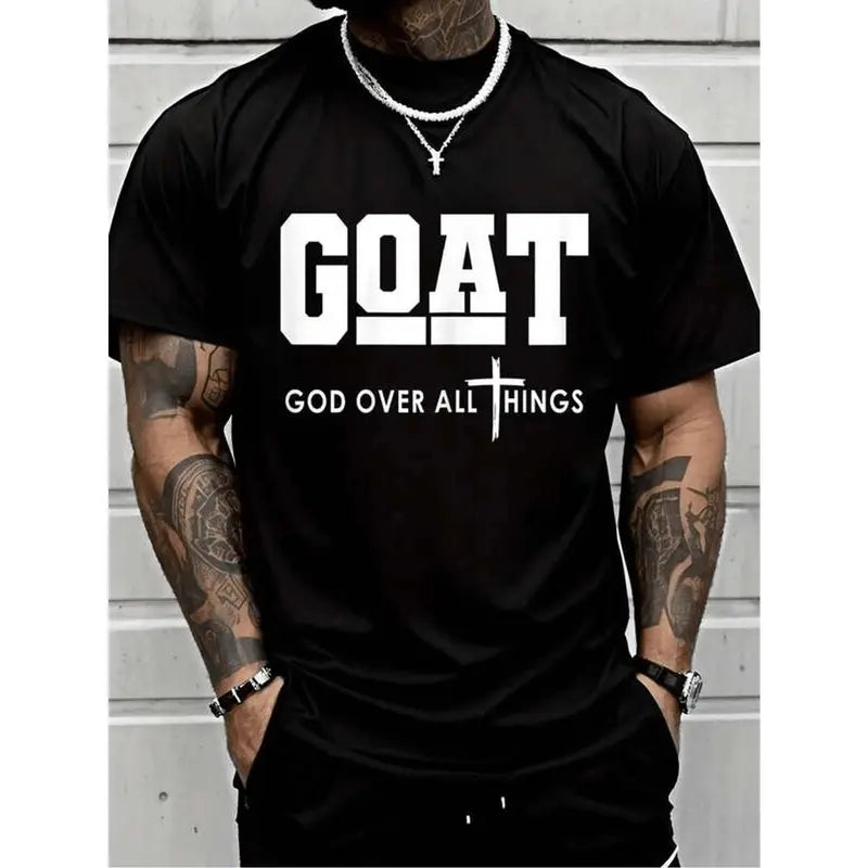 Goat God Over All Things Funny Jesus Christian Printed T-Shirt, Short-Sleeved Crew Neck Casual Top, Suitable For All Seasons, Men's