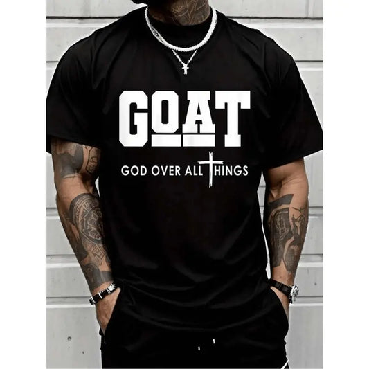 Goat God Over All Things Funny Jesus Christian Printed T-Shirt, Short-Sleeved Crew Neck Casual Top, Suitable For All Seasons, Men's