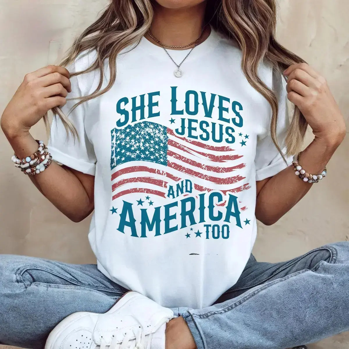 Women's Casual Cotton Comfortable Fit Patriotic 4th Of July T-Shirt - Christian "She Loves Jesus And America Too" Retro USA Flag Tops