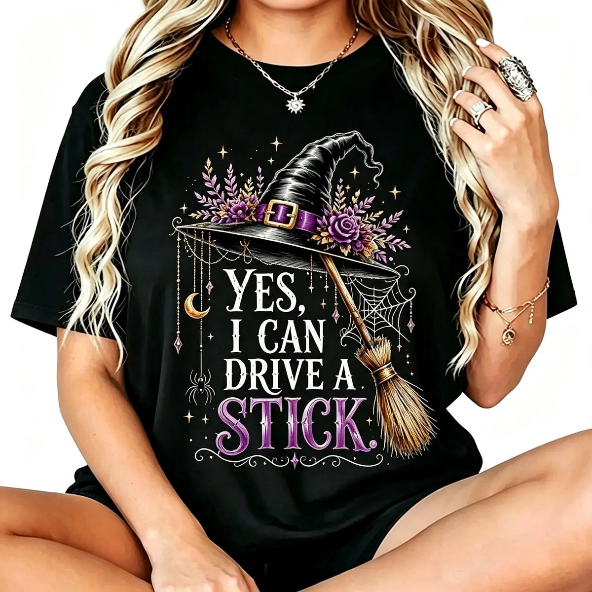 Women's Short-Sleeve Crew Neck Halloween Humor Graphic Tee - "Yes I Can Drive A Stick" Witch Hat Broom Print Casual Clothes, Funny Apparel Top,sohochic