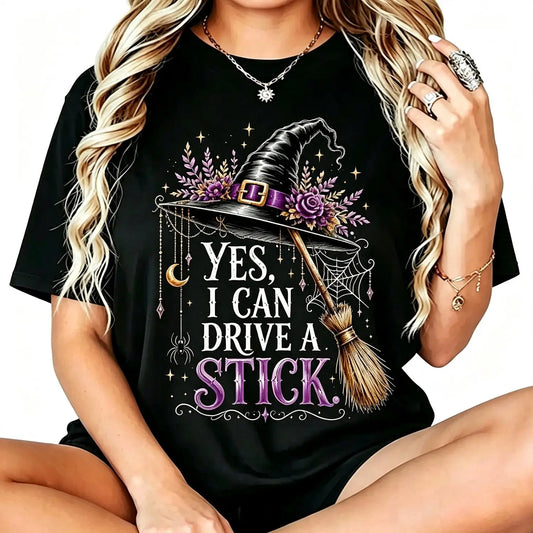 Women's Short-Sleeve Crew Neck Halloween Humor Graphic Tee - "Yes I Can Drive A Stick" Witch Hat Broom Print Casual Clothes, Funny Apparel Top,sohochic