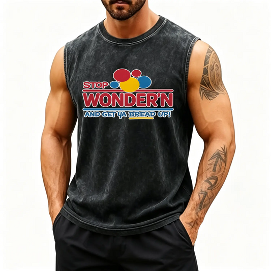 Humorous Mens Graphic TShirt Featuring Stop Wondering Get Your Bread Up Motif with Smiling Bread Slice Illustration