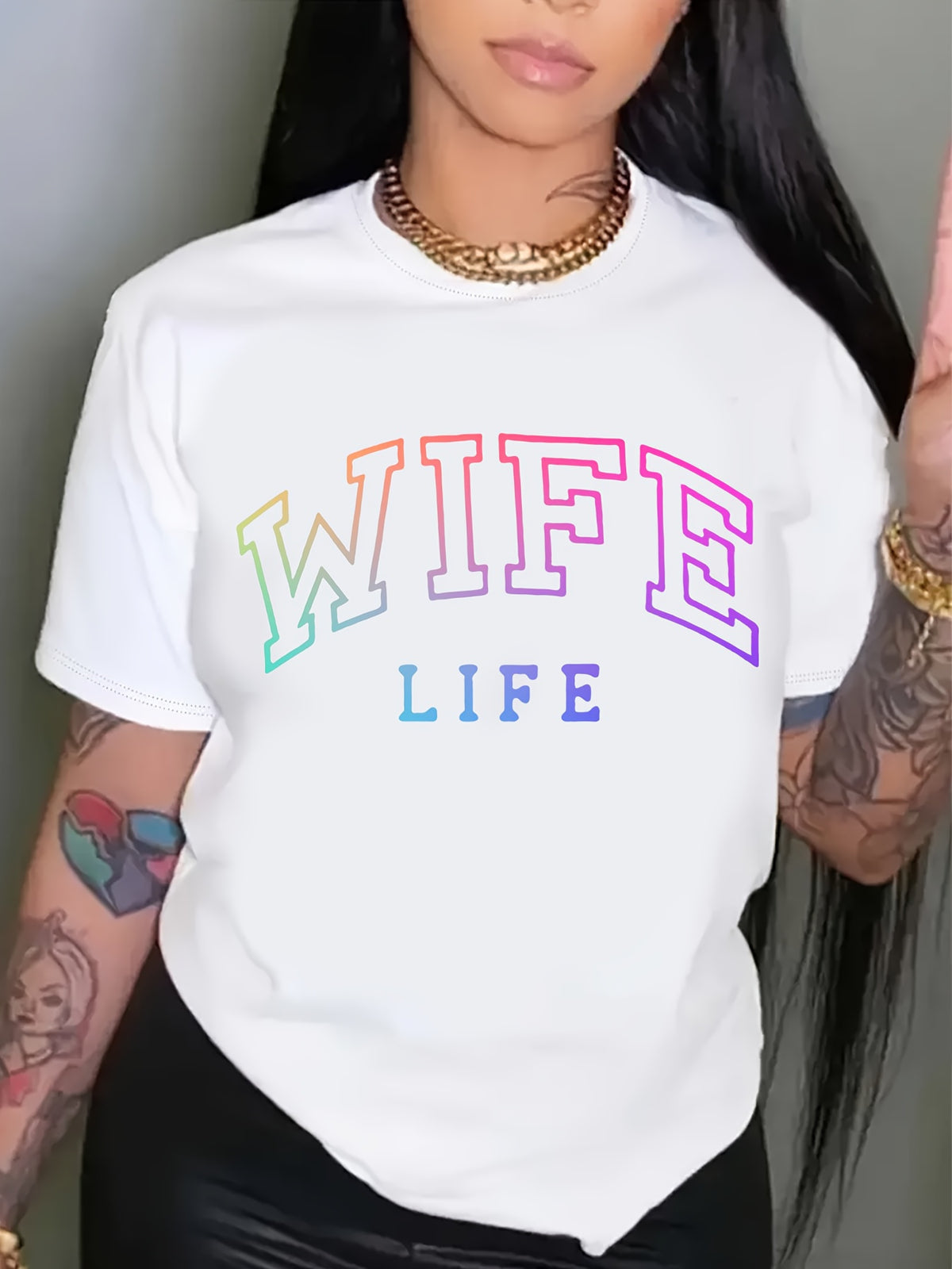 WIFE LIFE Print T-shirt, Casual Short Sleeve Crew Neck Top For Spring& Summer, Women'S Plus Size Clothing