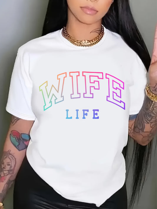WIFE LIFE Print T-shirt, Casual Short Sleeve Crew Neck Top For Spring& Summer, Women'S Plus Size Clothing