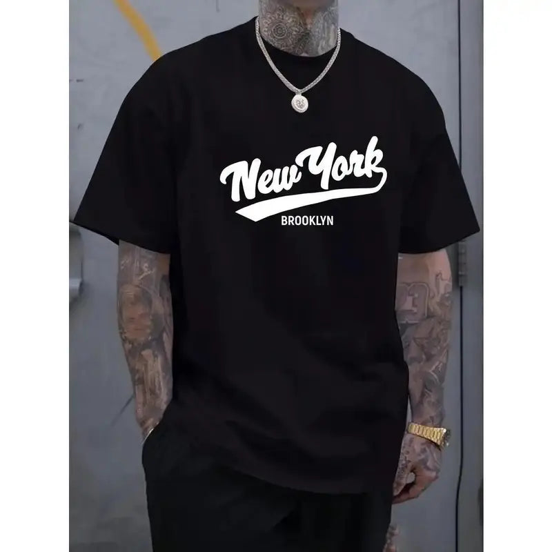 Men's Classic Casual Short Sleeve Round Neck Regular Relaxed Fit New York Brooklyn Print Graphic 100% Cotton Tshirt - Comfy, Breathable Fabric, Durable Print, Machine Washable Menswear Urban Streetwear