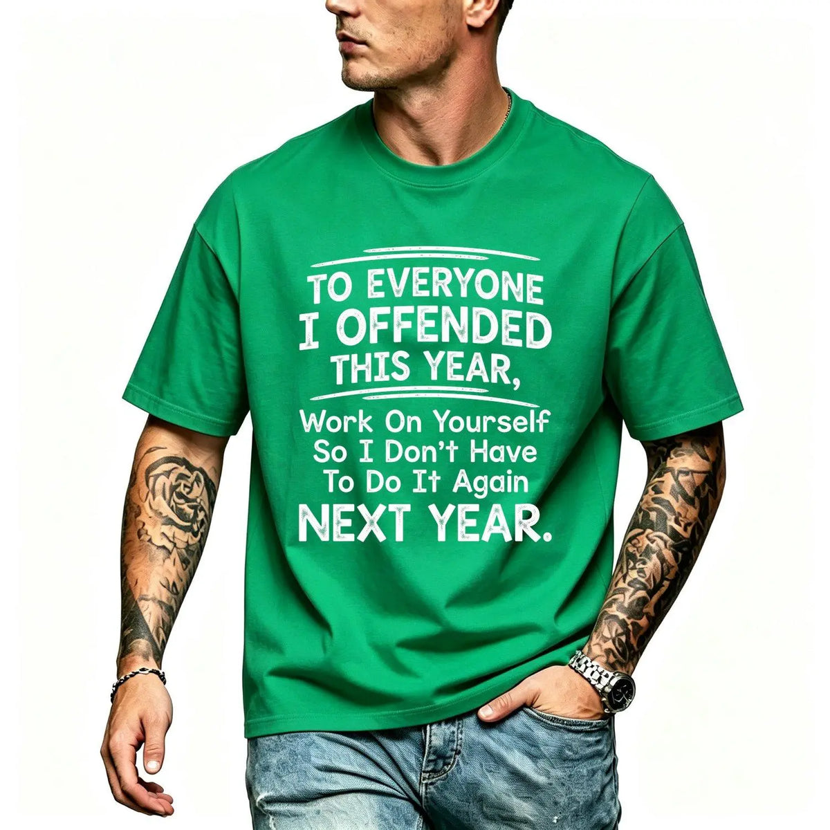 Men's Short Sleeve T shirts Funny "To Everyone I Offended This Year Work On" Quote Sports Summer Party Graphic Tee with Digital Print Regular Fit Classic Crew Neck