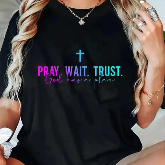 Women's 100% Pure Cotton Short Sleeve Christian T-Shirt - Bible Verse Print, Christian Quote, Pray Wait Trust God Has a Plan Inspirational Tee, Black Casual Streetwear, Relaxed Fit, Breathable Fabric, Round Neck Top