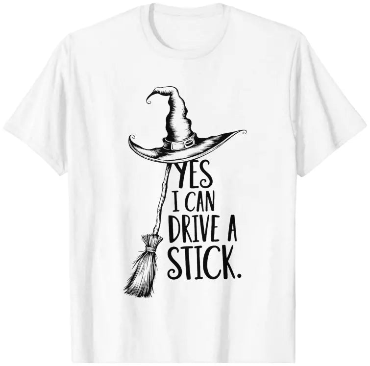 Women's Yes I Can Drive a Stick Witch Graphic T-Shirt, Casual Oversized 100% Cotton Short Sleeve Top for Spring Summer