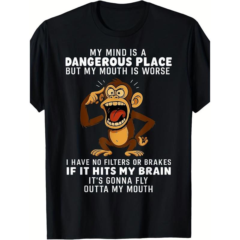 Men's 100% Cotton Stretchy Casual Short Sleeve Round Neck Tshirt - Tailored Fit, Funny Slogan "My Mind Is a Dangerous Place" Monkey Graphic Print, Streetwear (2XL,3XL) for Boyfriends, Office Wear Pair with Pants