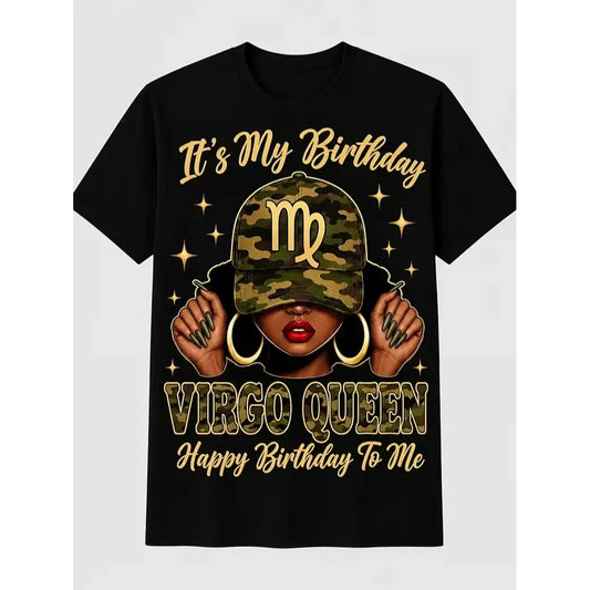 Women's Black Zodiac T-Shirt, Virgo Queen Camouflage Birthday Graphic Tee, Elegant Astrology Design for Birthday Parties, Casual Wear and Zodiac Gifts