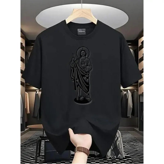 Local Store, T-shirts for men, Men's Shirts, Clothing for Men, T-shirts for men, White and black T-shirt featuring the image of Saint Judas Tadeo (180g), Religious Printing Design, High-Quality Printing, Cuello Redondo, Relaxed Setting