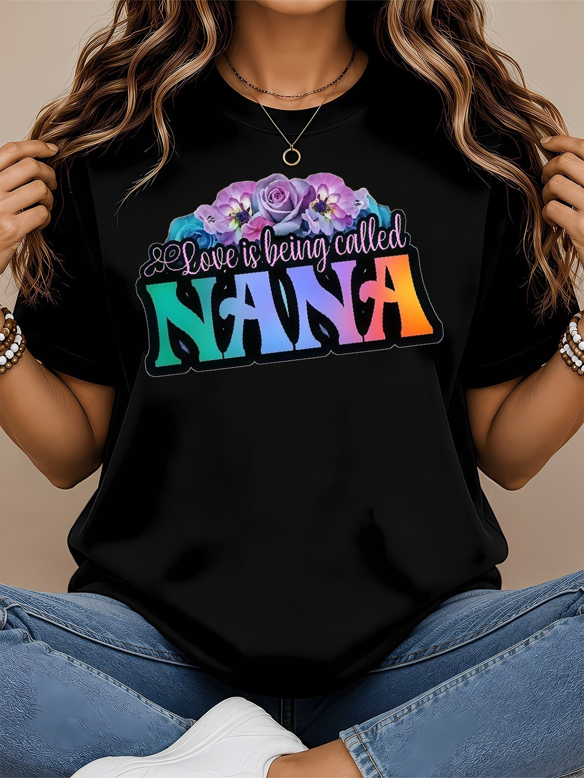 [Summer] New Retro Distressed Short-sleeved T-shirt American Floral Gradient NANA Print Women's Top Loose Drop Shoulder Round Neck Oversized Style Fashionable Commuting Y2K Women
