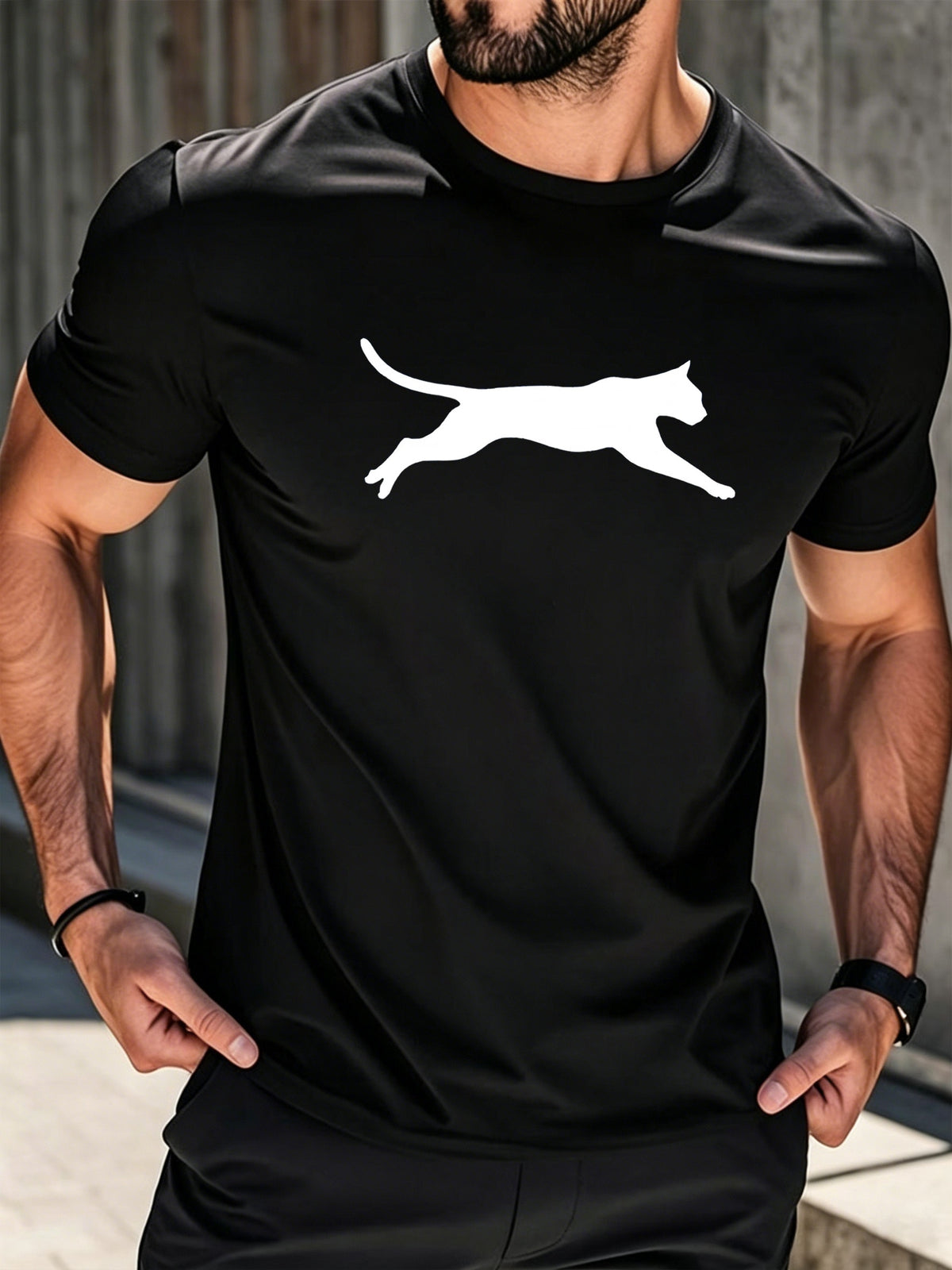 Gym Outdoor Men Breathable Short Sleeve Clean Solid Sprint Cheetah Minimal Wild Animal Outline Soft Loose Commute Top