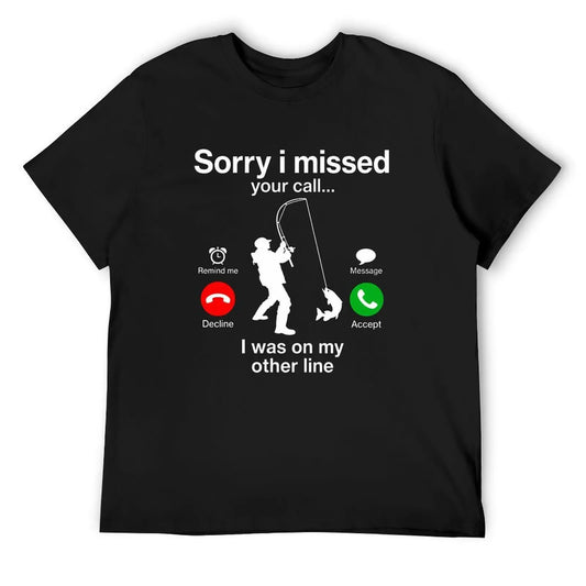Men's Funny Fishing Print Short-Sleeve T-Shirt - Bold Quote "Sorry I Missed Your Call Other Line", Colorful Cotton Blend Crew Neck, Comfortable Outdoor Casual Wear, Fishermen Gift Top