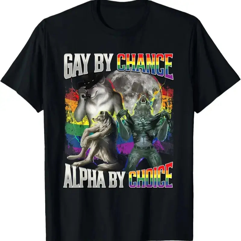 100% Cotton Short-Sleeve Round Neck Classic Style LGBT Pride Sports Top - "Gay By Chance Alpha By Choice" Alpha Wolf Menswear Garment, Soft Fabric, Casual Fit Graphic Sports Top
