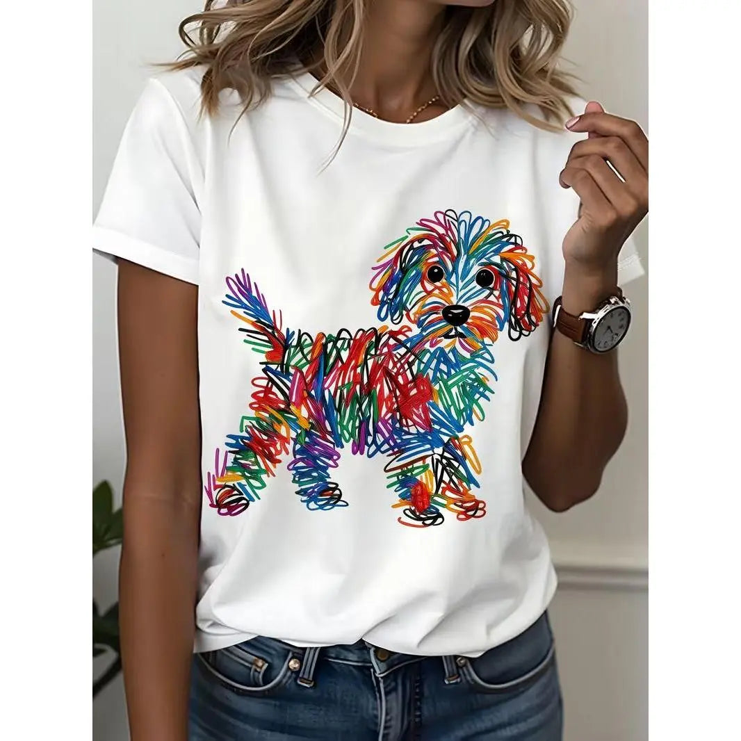 Women's Casual Basic Short-Sleeve Graphic Tee - Rainbow Scribble Poodle Doodle Puppy Print, Pet Lover Art Aesthetic, Streetwear Top, T Shirts for Women,sohochic