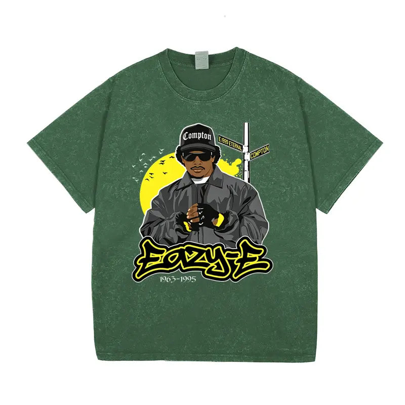 Vintage 90s West Coast rap graphic T-shirt; N.W.A West Coast gangsta rap and Eazy-E West Coast legend-themed T-shirt; washed fabric.