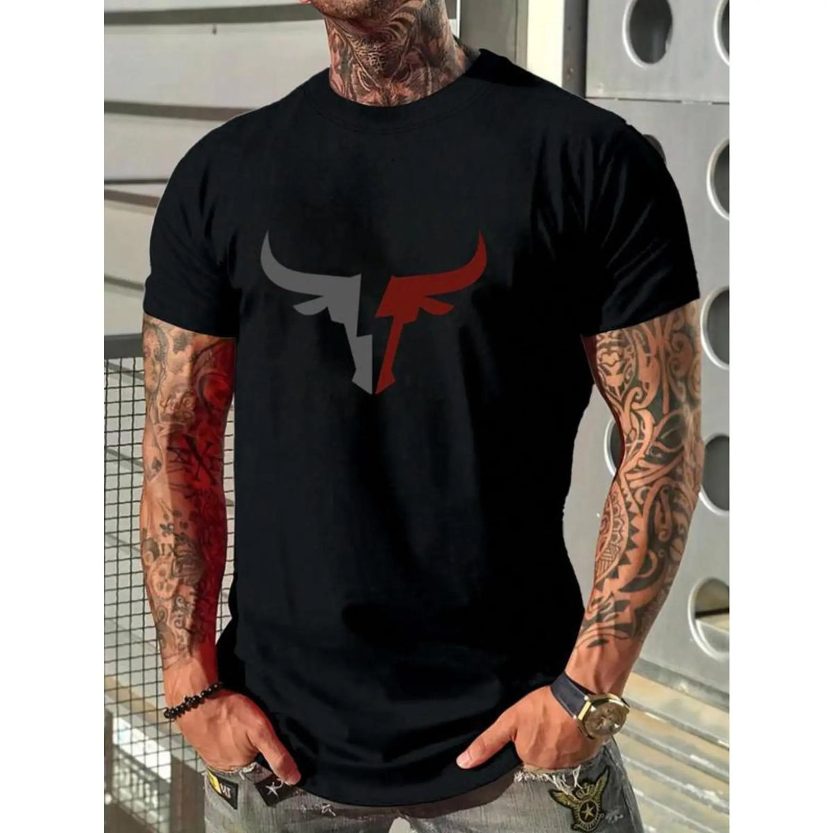 Men's Classic Cotton Bull Print Round Neck Short-Sleeve T-Shirt - Regular Fit Basic Men's Clothing, Chic Sporty Chic Casual Streetwear Top for Summer Daily Wear, Soft Clothes, All Seasons, Crew Neck,sohochic