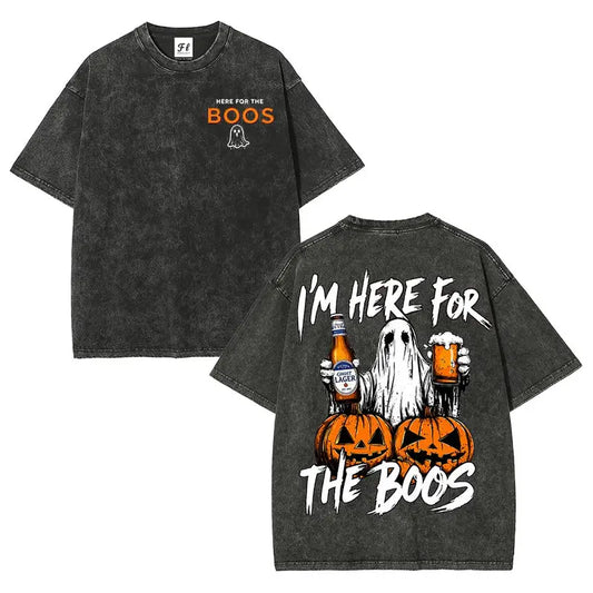Men's 90s Vintage Acid Wash Oversized Short-Sleeve Tshirt - Soft Light Fabric, Back "I’m Here For The Boos" Graphic, Spooky Halloween Casual Top, Unisex Sizes, Holiday Gift, Ghost Pumpkin Print Graphic T Shirts