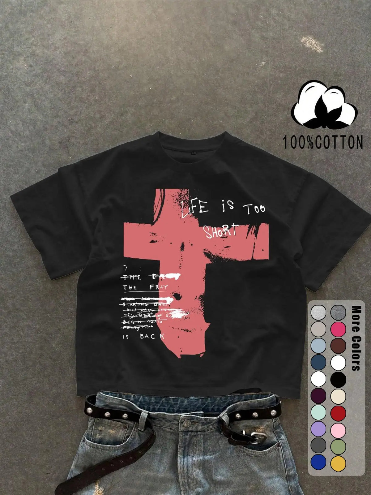 Unisex 100% Cotton Short Sleeve Round Neck T-Shirt, Cross Graffiti Print, Y2K Dark Gothic Street Style, Streetwear, Casual Daily Wear, Loose-Fitting, Long Length, Aesthetic